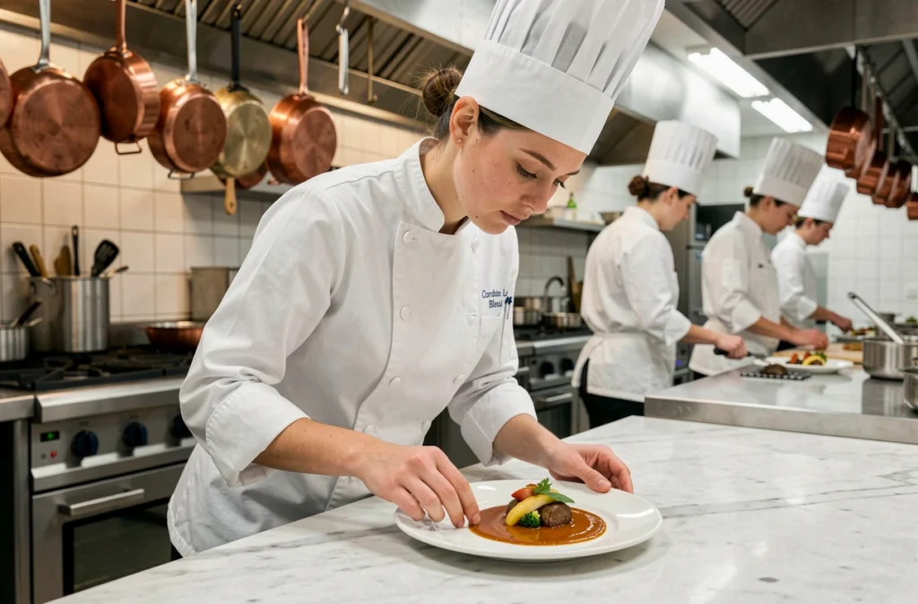 Étudiante en cuisine à l'Institut Le Cordon Bleu Paris dressant un plat gastronomique en cuisine pédagogique
