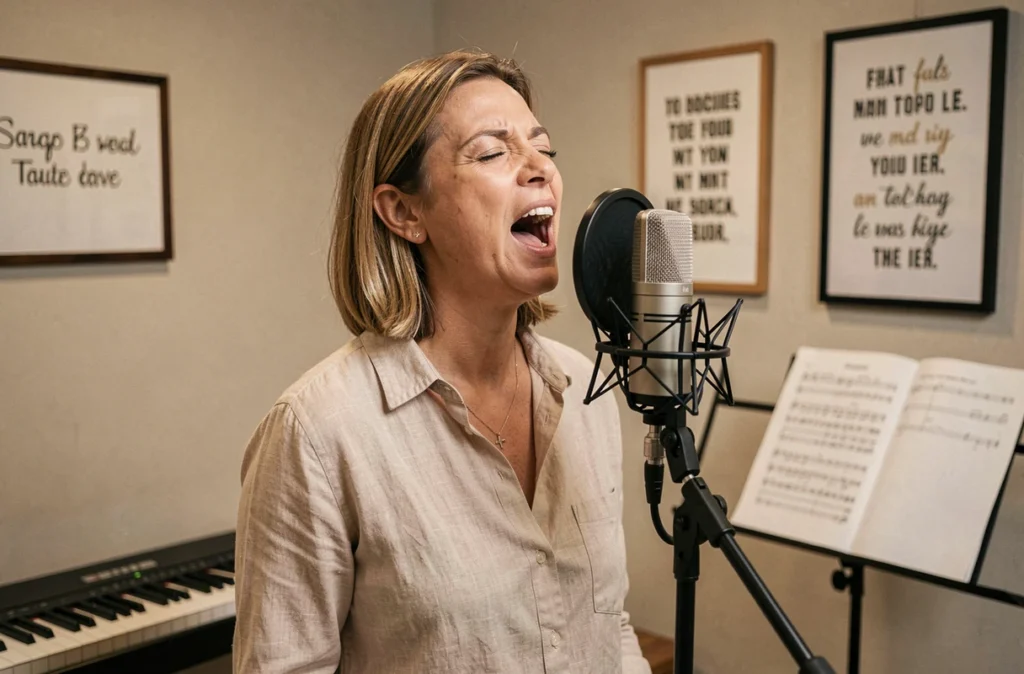 Jeanne Ripka animant un cours de chant dans son studio vocal intime à Toulouse, devant un microphone