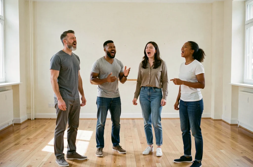 Un groupe d'adultes pratiquant l'harmonie vocale ensemble dans la salle du Labo de création vocale à Toulouse