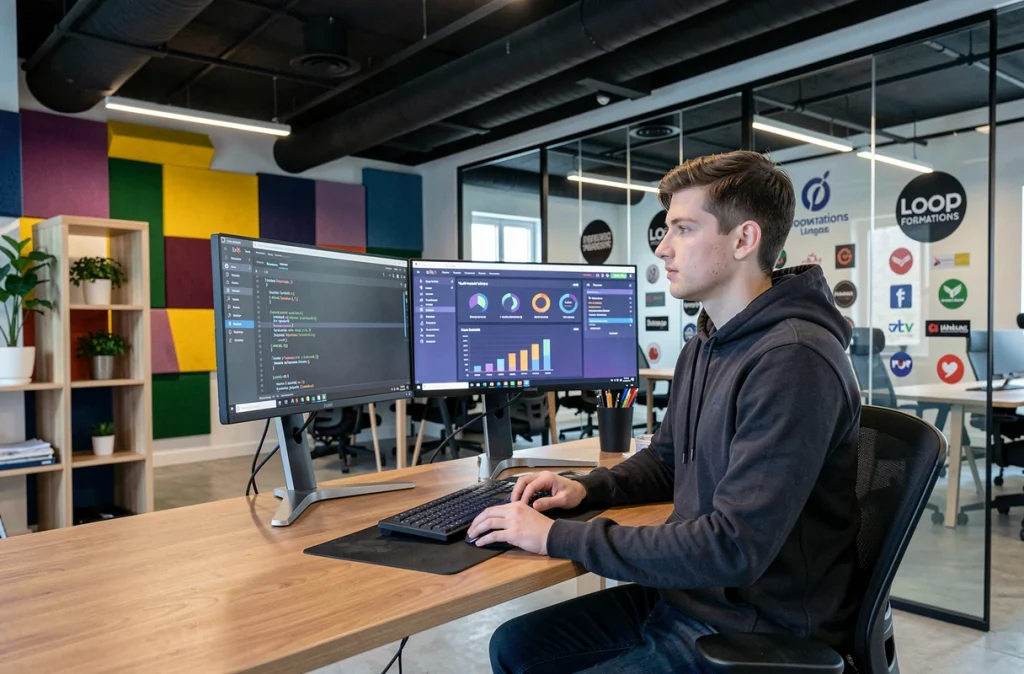 Étudiant en formation numérique et digitale chez Loop Formations, travaillant sur des écrans de code