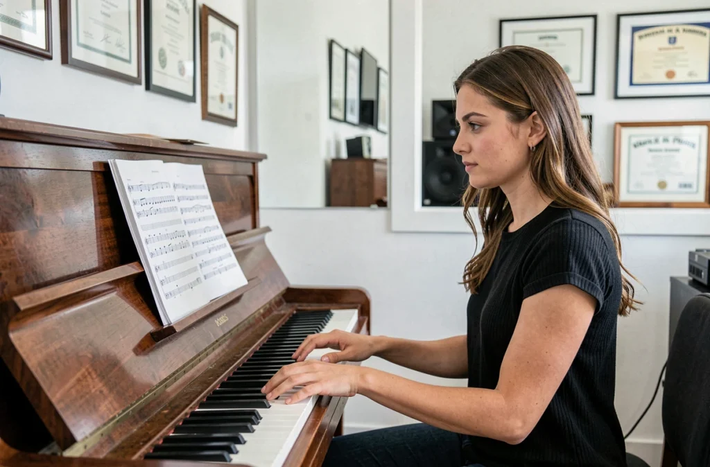 Une jeune femme jouant du piano dans le studio moderne et bien équipé de Music Art Studio à Toulouse