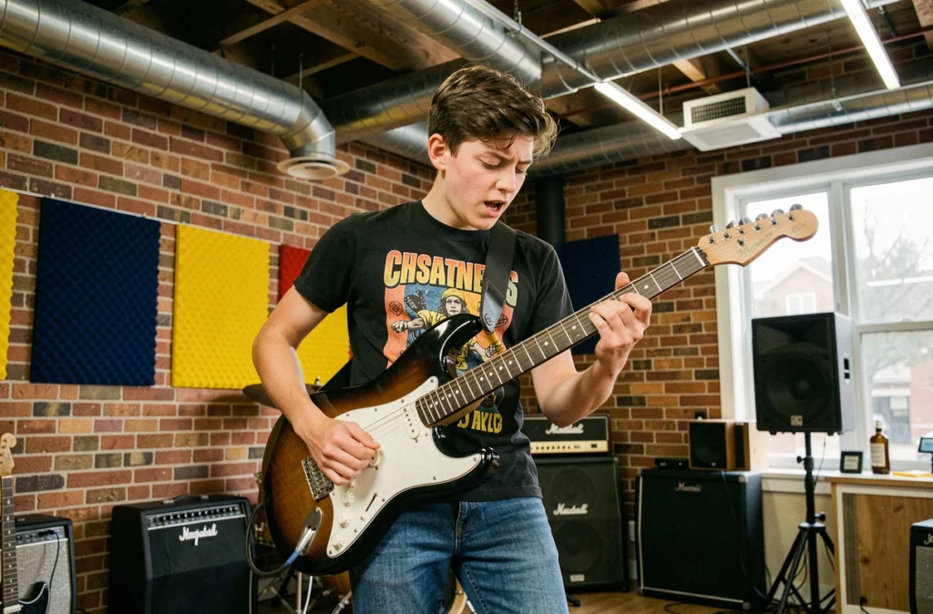 Un adolescent jouant de la guitare électrique sur la scène de répétition de Music'Halle à Toulouse