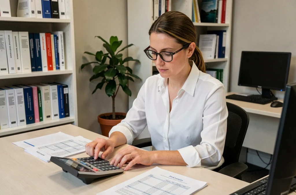 Apprenante en formation comptable chez ProCompta travaillant sur des documents de comptabilité dans un bureau de formation