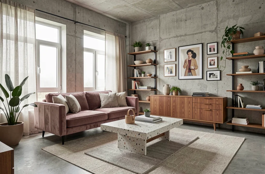 Projet de décoration intérieure réalisé par un élève du cours Decoscope avec salon réaménagé en style mid-century modern