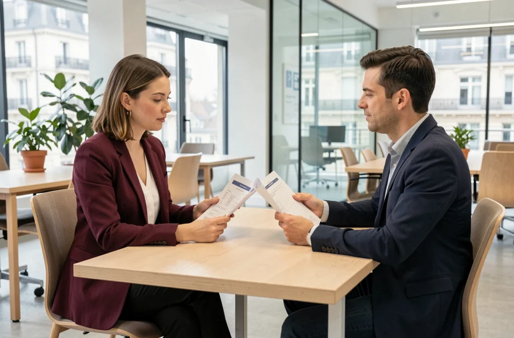 Professionnelle en entretien de conseil avec un conseiller REA Formation dans un bureau moderne parisien