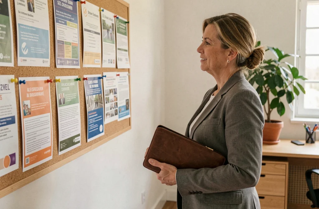 Femme en reconversion professionnelle consultant un tableau d'offres d'emploi dans un bureau d'orientation de l'Ouest de la France