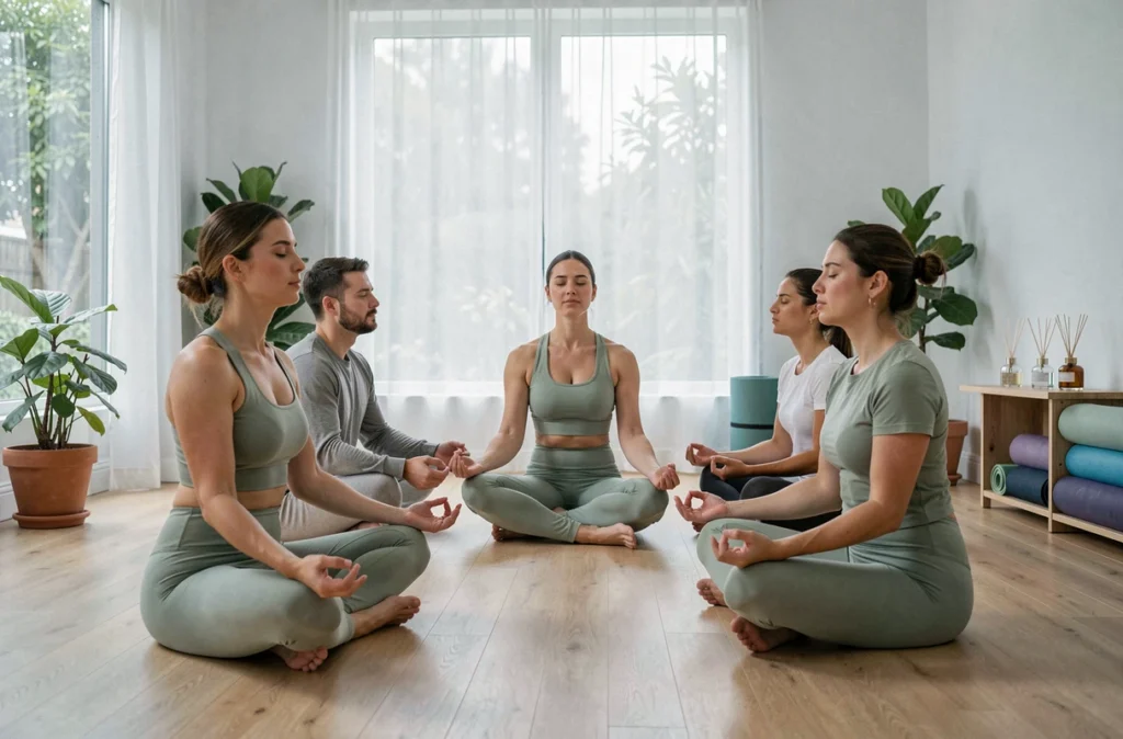 Formatrice de SpiriVie Formations guidant un groupe d'adultes dans une séance de pleine conscience dans un studio bien-être épuré