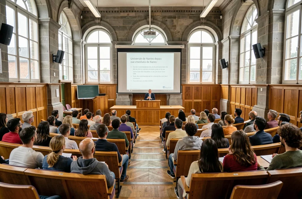 Amphithéâtre de l'Université de Nantes avec des étudiants assistant à un cours magistral