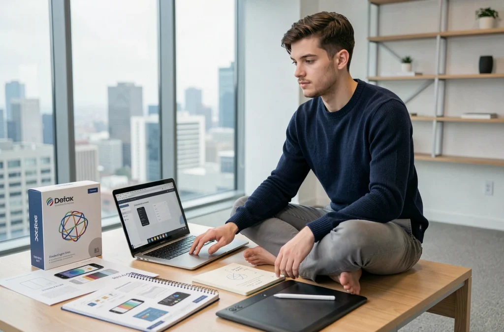 Étudiant en design consultant son portfolio numérique avec un kit de design étudiant dans un espace de coworking moderne