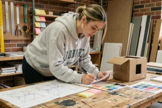 Étudiante en design travaillant sur un prototype en carton et des croquis de wireframes dans un studio universitaire