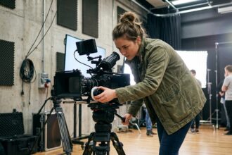 Étudiante en formation cinéma ajustant une caméra professionnelle dans un studio de école de cinéma