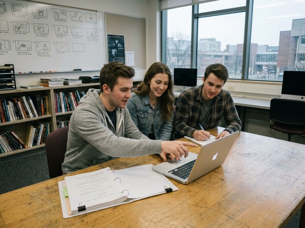 Étudiants en audiovisuel collaborant sur un scénario dans une salle de cours universitaire