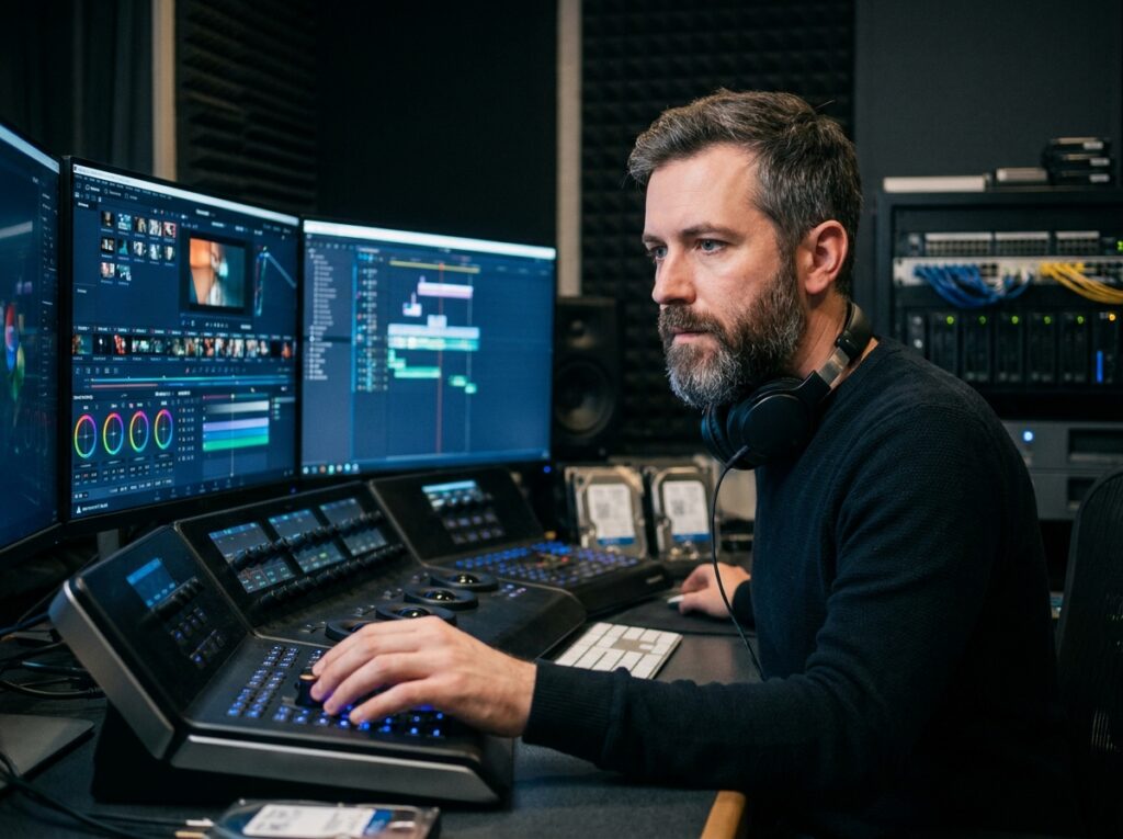 Professionnel en post-production audiovisuelle travaillant sur un logiciel de montage et d'étalonnage vidéo