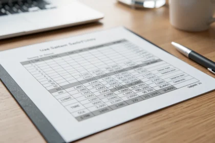 Tableau de salaires imprimé posé sur un bureau